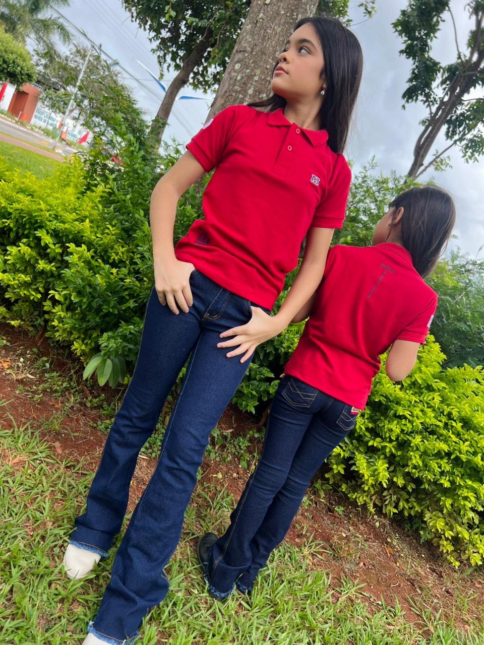 Polo Vermelha + Calça Jeans - Meninas