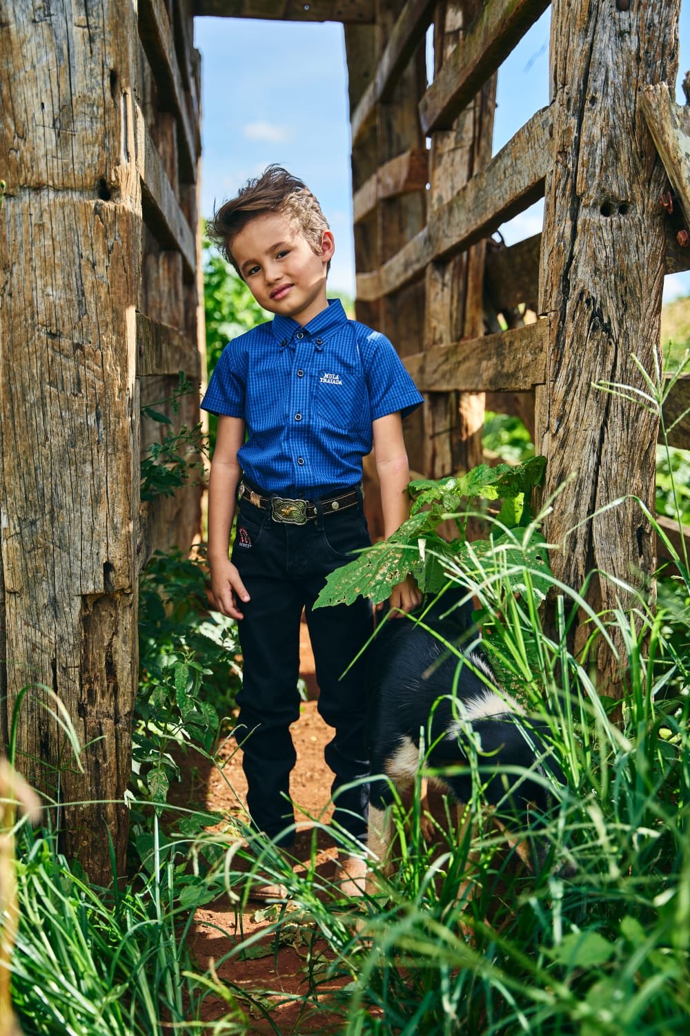 Camisa Xadrez Azul + Calça Preta - Menino
